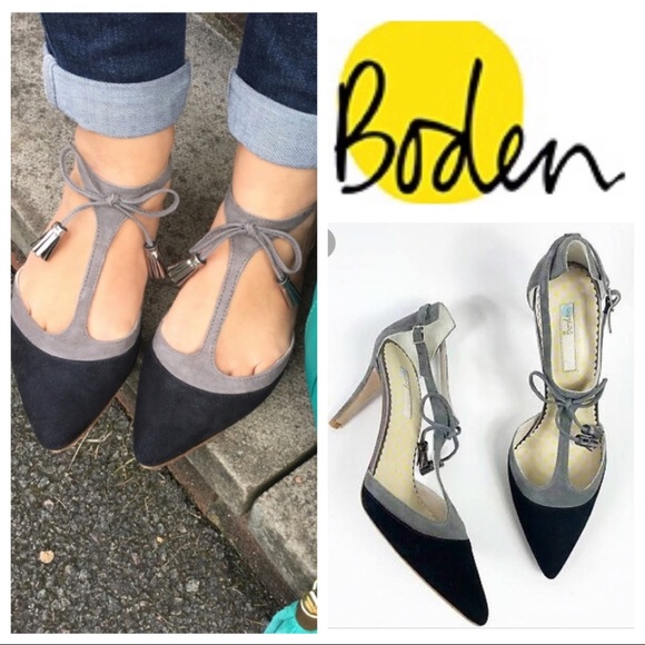 Boden Shoes - Black & Grey “Alice” Suede T-Strap Kitten Heels